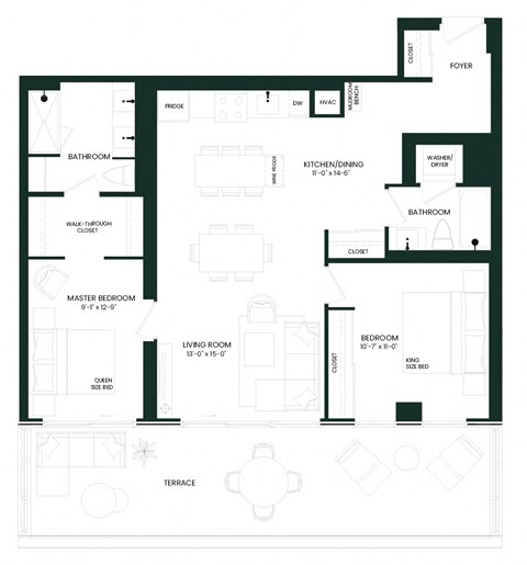 Floor plan for 2 beds, 2 baths, 1039 sqft